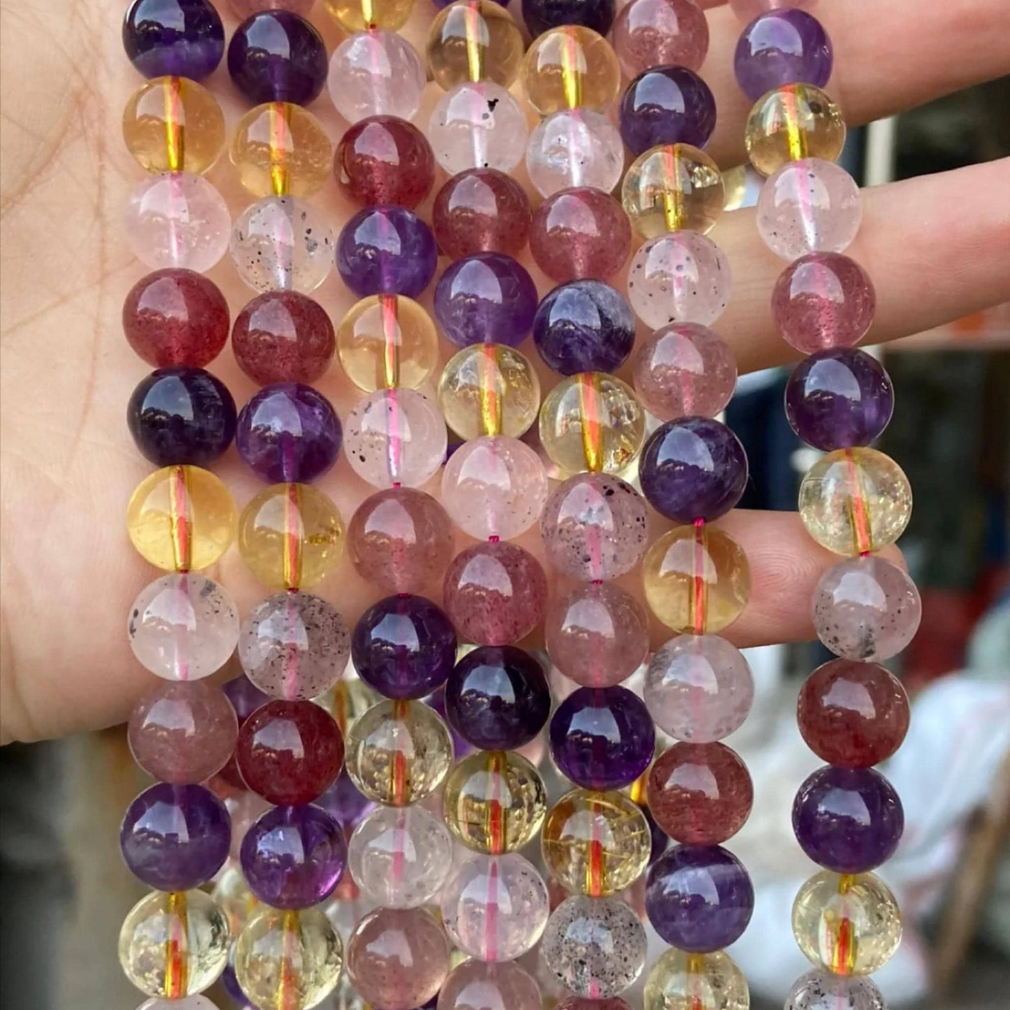 Natural Super Seven Multicolor Crystal Round Beads 10 mm · 38 cm Strand | Amethyst Citrine Rose Quartz Mix · DIY Bracelet & Necklace Jewelry Making Supplies