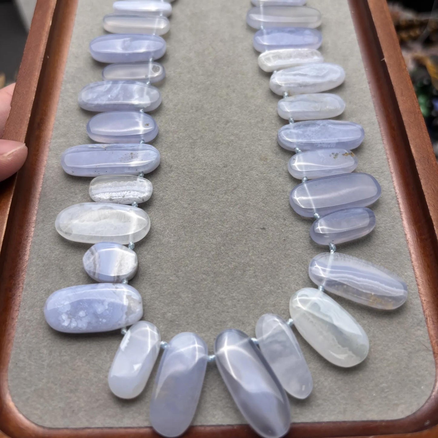 Natürliche Blauachat Lace Perlen Strang, Polierte Flache Oval Edelsteinperlen, Heilsteine für DIY Schmuck, Armbänder und Halsketten