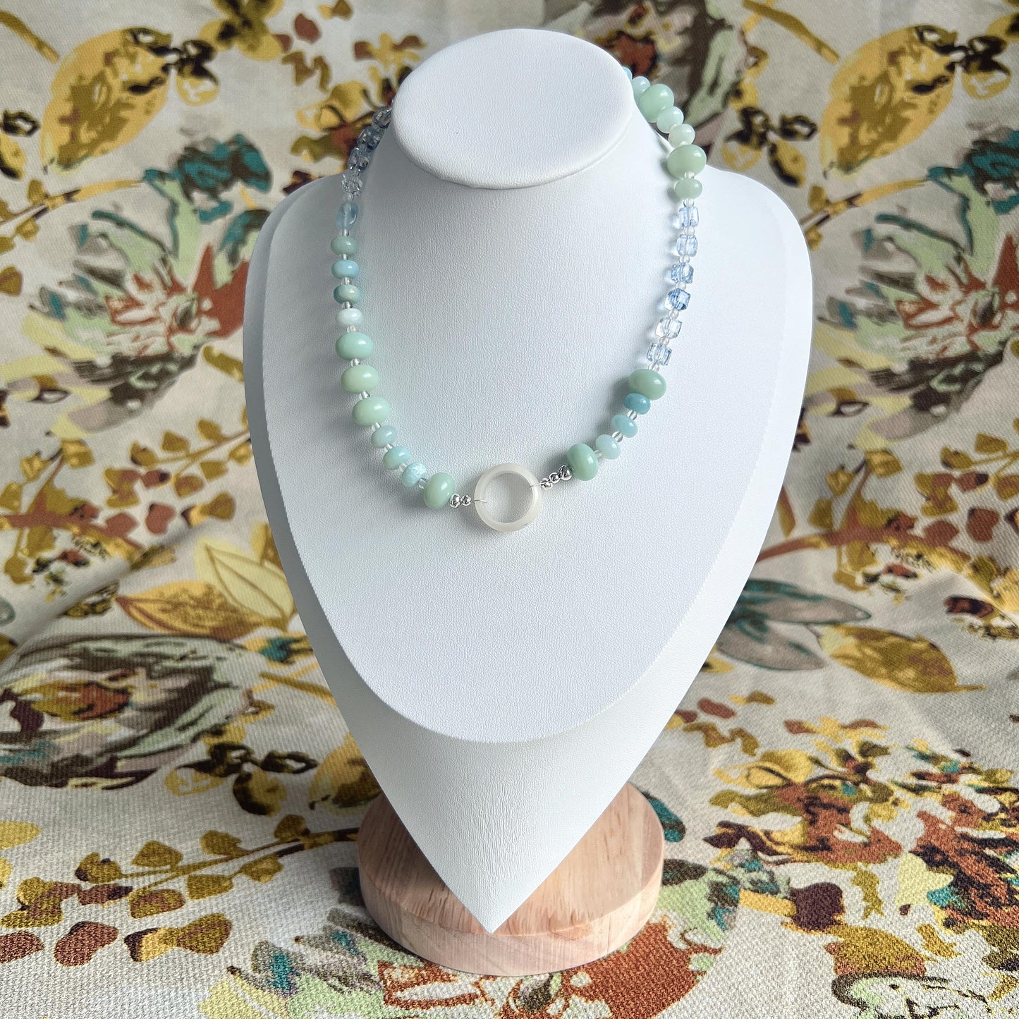 Mint Green Choker Necklace | Bodhi Wood Beads & Ice Blue Crystal Cubes with White Ring Pendant | Boho Statement Jewelry Gift for Her