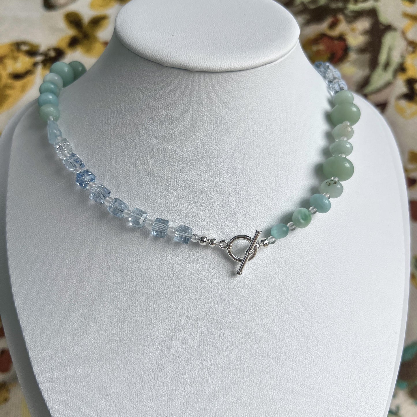 Mint Green Choker Necklace | Bodhi Wood Beads & Ice Blue Crystal Cubes with White Ring Pendant | Boho Statement Jewelry Gift for Her