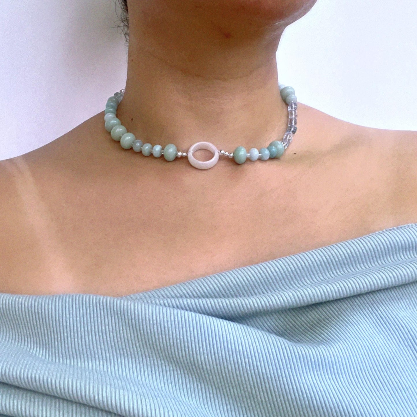 Mint Green Choker Necklace | Bodhi Wood Beads & Ice Blue Crystal Cubes with White Ring Pendant | Boho Statement Jewelry Gift for Her