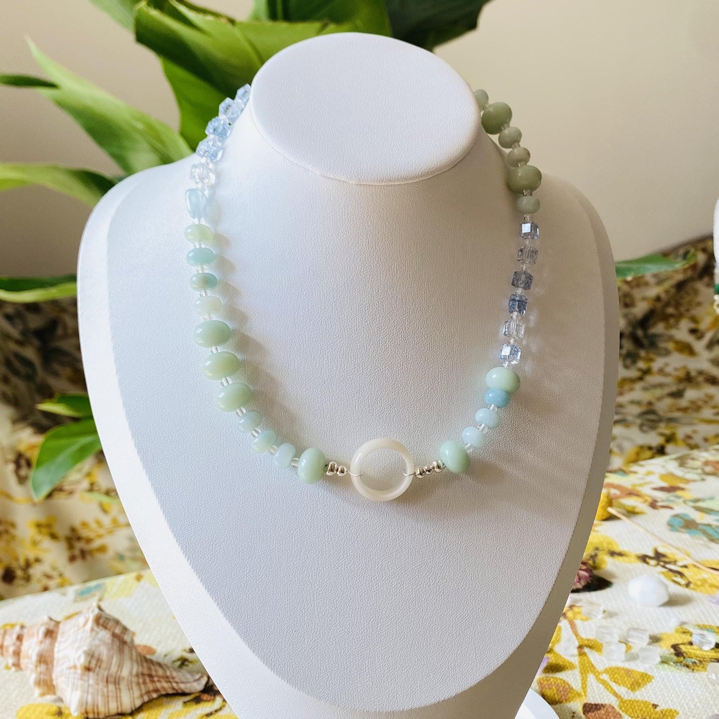 Mint Green Choker Necklace | Bodhi Wood Beads & Ice Blue Crystal Cubes with White Ring Pendant | Boho Statement Jewelry Gift for Her