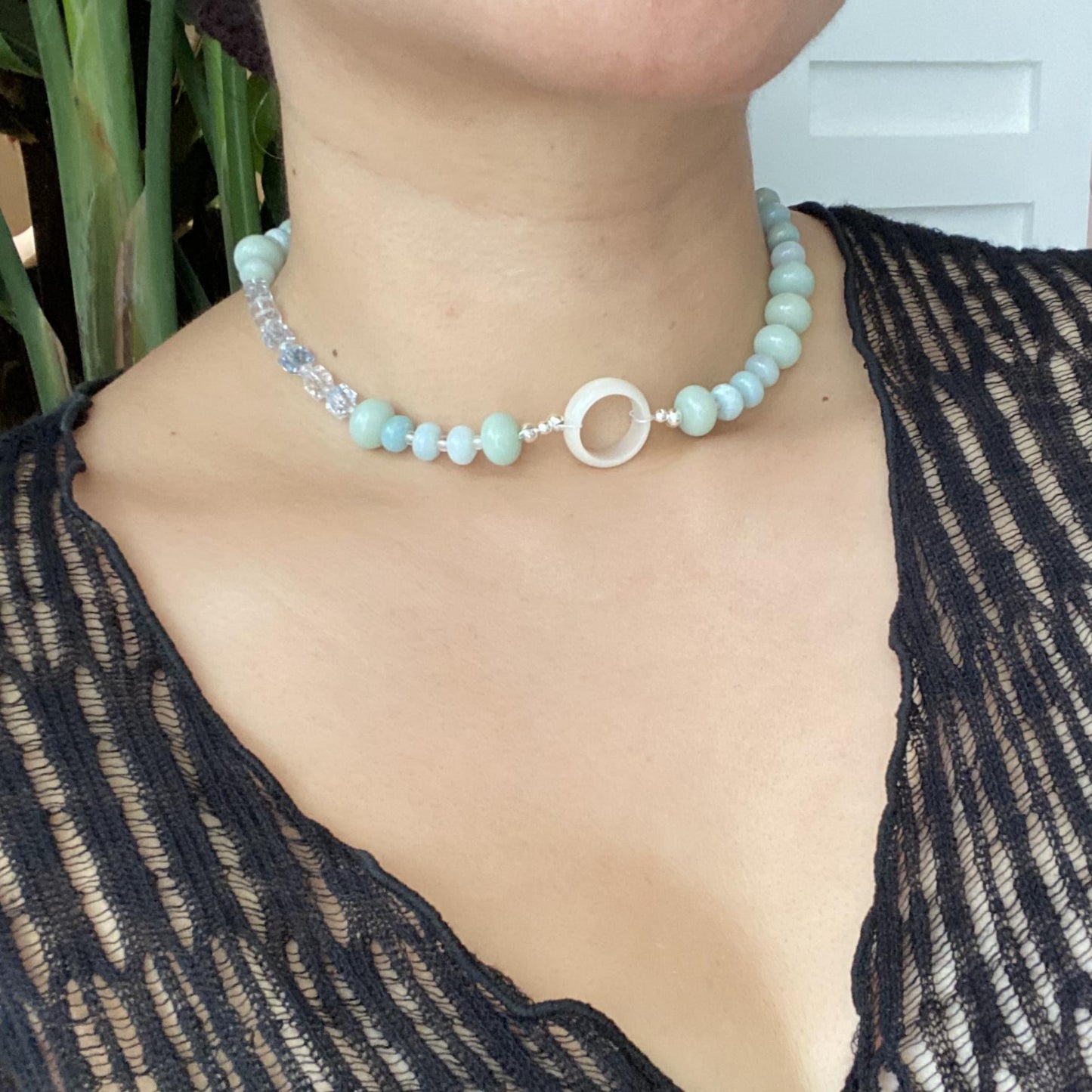 Mint Green Choker Necklace | Bodhi Wood Beads & Ice Blue Crystal Cubes with White Ring Pendant | Boho Statement Jewelry Gift for Her