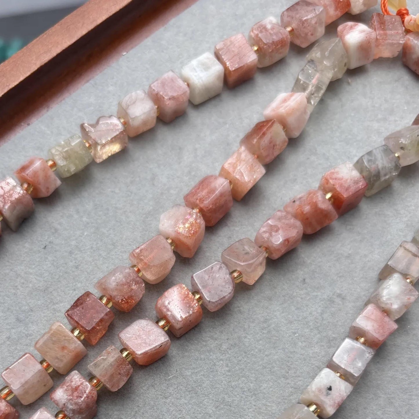 Natural Sunstone Cube Bead Strands for DIY Jewelry, Square Nugget Gemstones, Lightly Polished, Warm Toned, Approx. 38cm