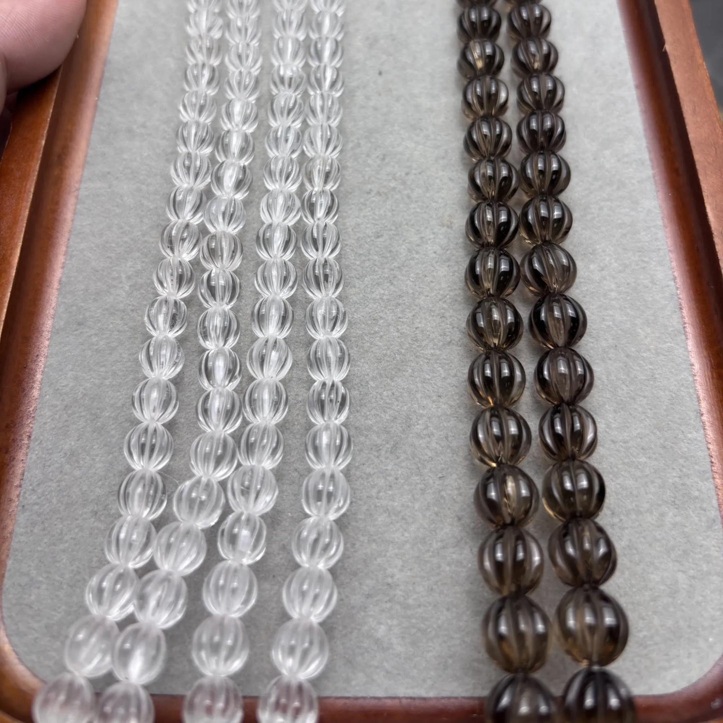 Natürliche Bergkristall und Rauchquarz Melonenperlen – Handgeschnitzte Laternen Edelsteinperlen für DIY Schmuck Strang ca. 38cm