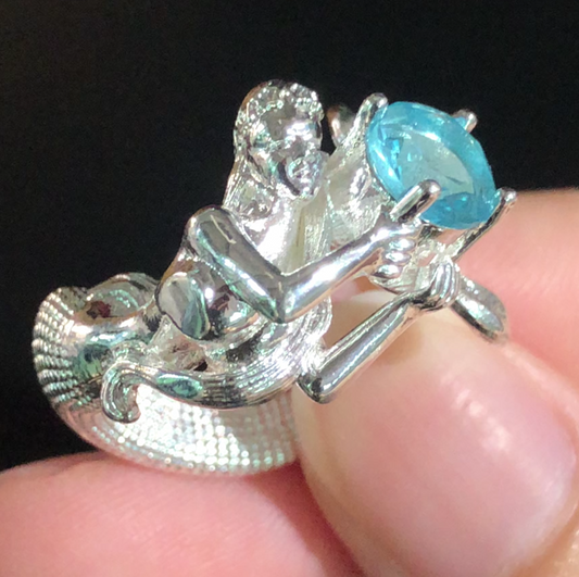 Mermaid Sculpture Blue Gemstone Ring | Fantasy Ocean Style Handmade Statement Jewelry | Artistic Mermaid Design