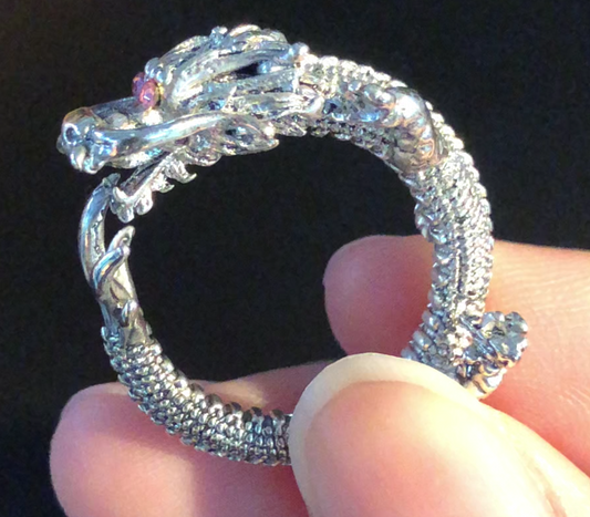 Dragon Ring, Vintage Sculpted Dragon Jewelry, Totem Protection Amulet, Fantasy Gift for Her