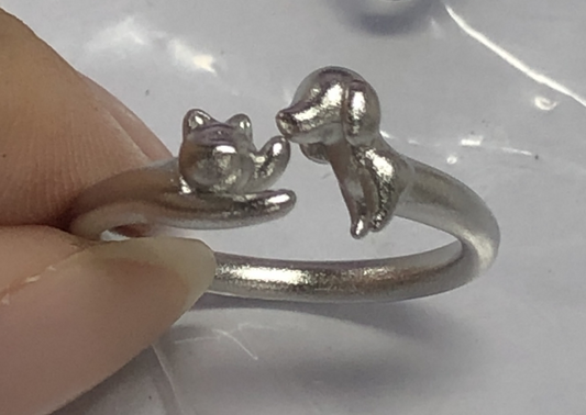 Kissing Cat & Dog Ring – Sterling Silver Minimalist Open Band, Cute Animal Couple Ring