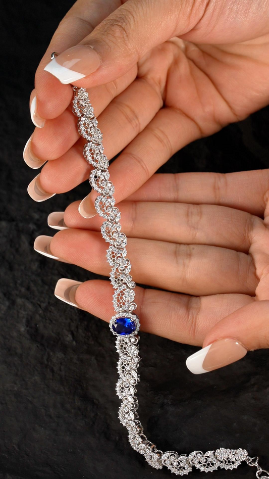 925 Sterling Silver Sapphire Bracelet, Luxurious Lace Design&Perfect Wedding Gift or Anniversary Jewelry