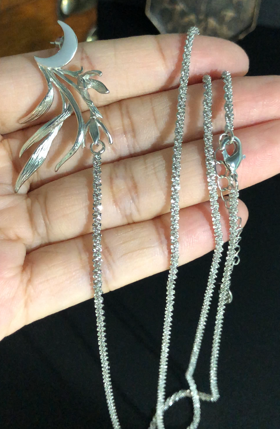 Moon Leaf Drop Earrings and Long Silver Necklace Set, 925 Sterling Silver Nature Jewelry, Elegant Gift for Women, Anniversary Present