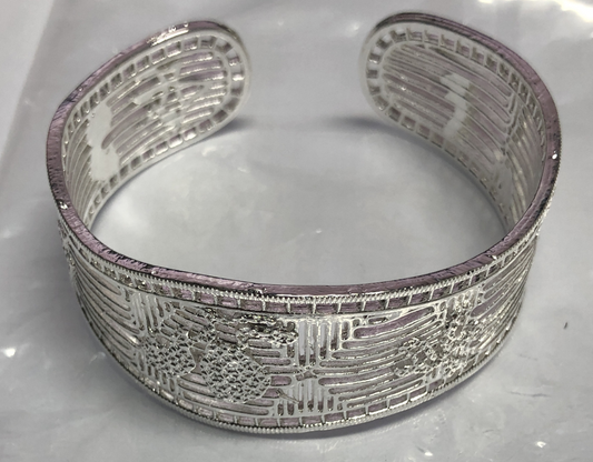 Oriental Geometric Floral Cuff Bracelet | 925 Sterling Silver Vintage Wide Bangle | Ethnic Carved Hollow Pattern Jewelry