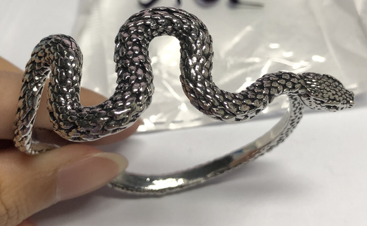 Gothic Snake Bangle in Sterling Silver – 925 Silver Coiled Serpent Bracelet, Totem Jewelry, Protective Amulet, Adjustable Unisex Arm Cuff