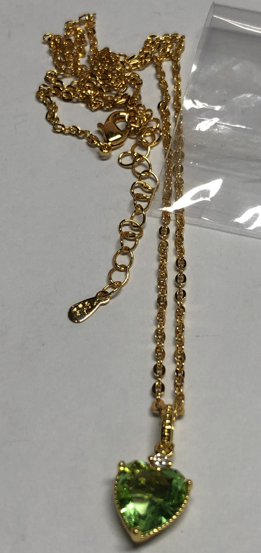 Gold Heart Pendant Necklace with Green Gemstone | Sweet Dainty Jewelry | Lightweight Romantic Gift for Her