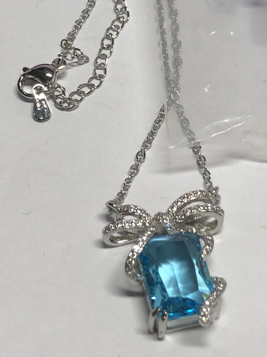 Silver Bow Pendant Necklace with Blue Gemstone | Sparkling Romantic Jewelry | Elegant Gift for Her | Birthday Valentine Necklace