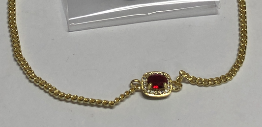 Delicate Red Gem Chain Bracelet with Square Charm, Minimalist Romantic Jewelry Gift