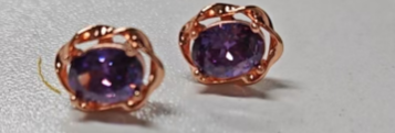 Vintage Floral Petal Stud Earrings – Purple Stone, Rose Gold, Elegant Gift