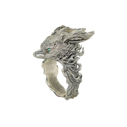 Fox Totem Ring in 925 Silver with Green Zircon Eyes | Handmade Spirit Guardian Animal Jewelry