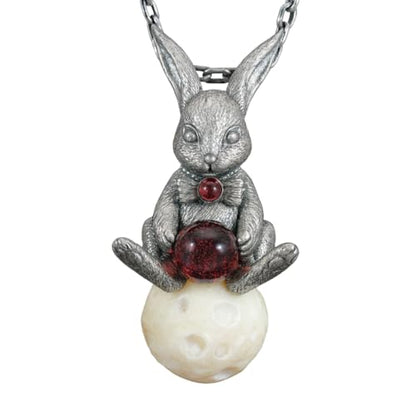925 Sterling Silver Moon Rabbit Pendant with Red Agate & Phantom Quartz | Handmade Fantasy Necklace | Symbolic Spring Totem Jewelry Gift