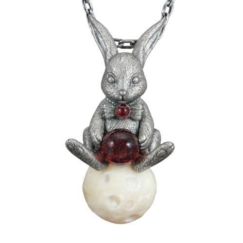 925 Sterling Silver Moon Rabbit Pendant with Red Agate & Phantom Quartz | Handmade Fantasy Necklace | Symbolic Spring Totem Jewelry Gift