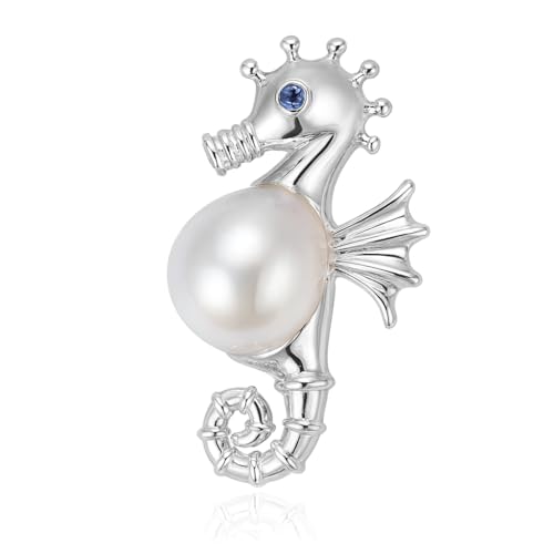 925 Silber Seepferdchen Brosche Anhänger Handgefertigt mit Süßwasserperle Natur Tiermotiv Schmuck Damen Elegant Kunstschmuck Geschenk