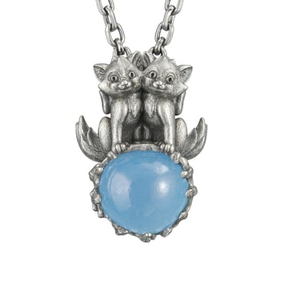 925 Silver Fox Totem Pendant with Aquamarine | Handmade Fantasy Amulet Necklace | Twin Guardian Spirit Jewelry Gift