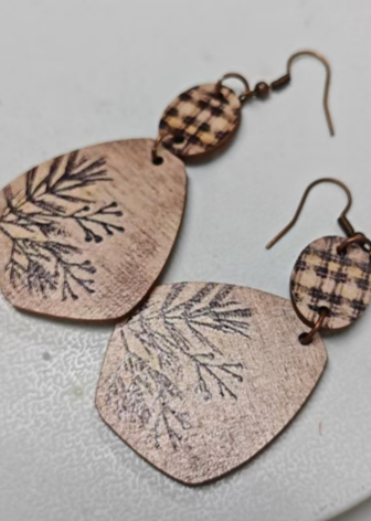 Handmade Wooden Leaf Pattern Earrings – Lightweight Boho Plaid Dangle