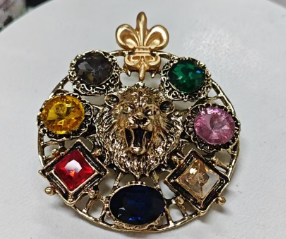 Regal Lion Vintage Multicolor Gemstone Brooch, Handcrafted Copper Alloy Statement Pin