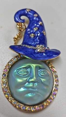 Vintage Zaubererhut &amp; Mondgesicht Brosche mit Emaille &amp; Strasssteinen, Magischer Fantasy Schmuck