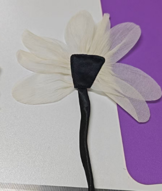 Black & White Long Stem Flower Brooch, Elegant Fabric Petal Lapel Pin