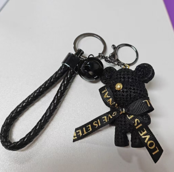 Black Gold Teddy Bear Keychain with Braided Strap - LOVE IS ETERNAL Couple Gift