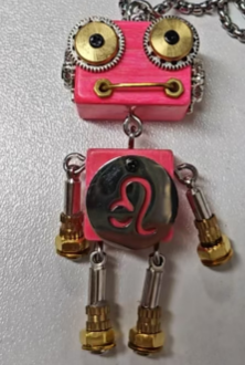 Pink Leo Steampunk Robot Long Pendant Necklace Handmade Mechanical Zodiac Jewelry