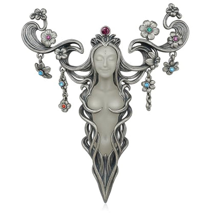 Goddess Flower Pendant with Onyx & Garnet | Handcrafted Art Nouveau Jewelry | Symbol of Beauty & Renewal