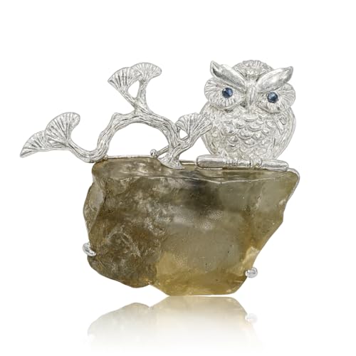 925 Silber Eule Brosche Anhänger 2-in-1, Handgefertigt mit Libyschem Wüstenglas, Symbol für Weisheit & Schutz, Unisex Naturstein Schmuck Geschenk für Frauen & Männer