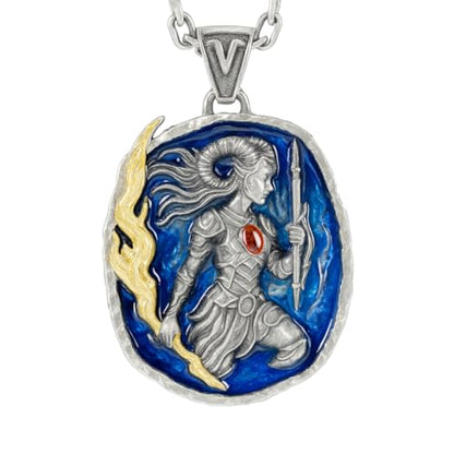 Aries Pendant in 925 Silver | Blue Enamel Medallion with Orange Zirconia | Handmade Zodiac Jewelry