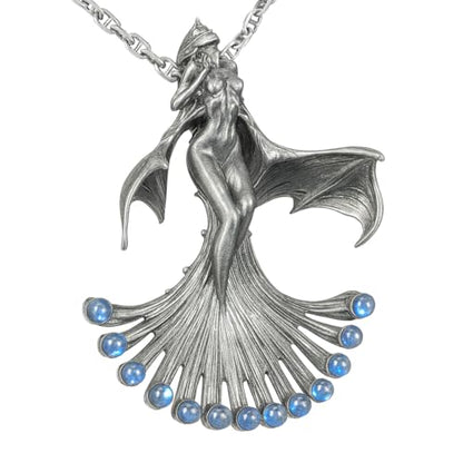 Mystical Winged Enchantress Pendant | 925 Sterling Silver Fantasy Necklace with Ghost Stone | Handcrafted Mythical Jewelry Gift for Collectors
