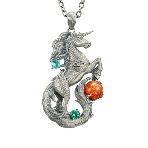 Unicorn Pendant in 925 Silver with Sunstone & Blue Zircon | Handmade Fantasy Necklace Gift