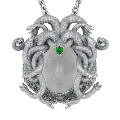 Sleeping Eye Medusa Pendant | 925 Silver Goddess Amulet with Quartz & Emerald | Symbol of Inner Wisdom, Stillness & Spiritual Awakening