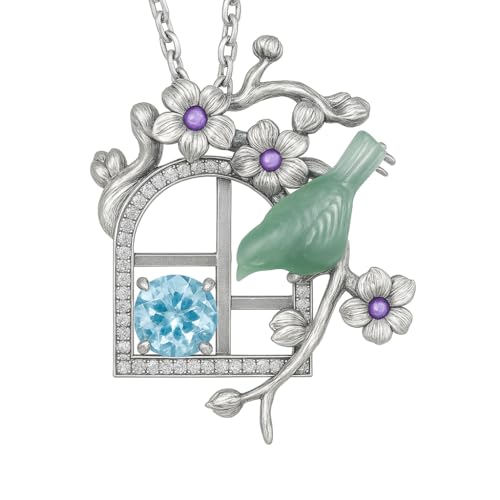 Green Bird Pendant Necklace at Window | Hand-Carved Silver Floral Bird Jewelry | Whimsical Springtime Gift for Nature Lovers and Dreamers