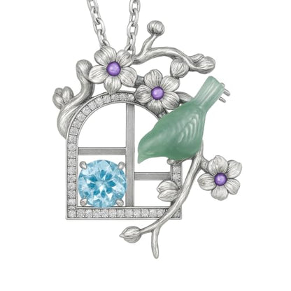 Green Bird Pendant Necklace at Window | Hand-Carved Silver Floral Bird Jewelry | Whimsical Springtime Gift for Nature Lovers and Dreamers
