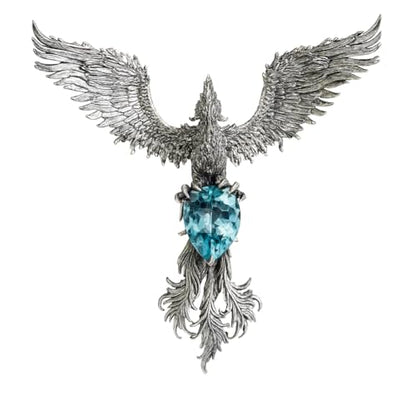 Handmade Phoenix Pendant Brooch | 925 Silver Jewelry with Aquamarine | Symbol of Rebirth & Strength | Gothic Fantasy Gift for Her