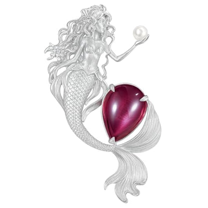 Mermaid Pendant Necklace with Star Ruby & Pearl | Handcrafted Ocean Fantasy Jewelry | Symbol of Love & Protection