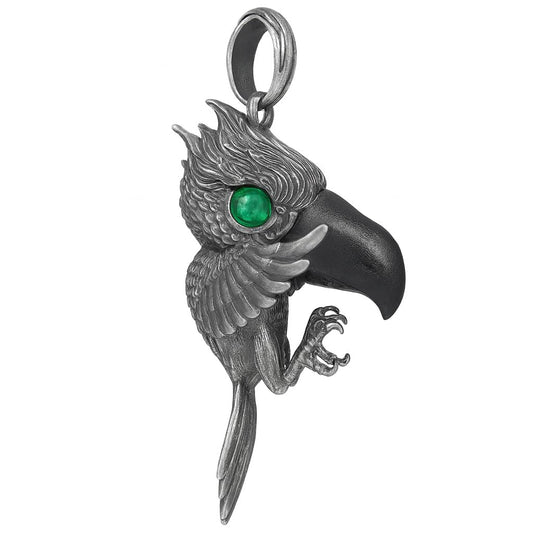 Shoebill Bird Pendant in 925 Sterling Silver with Black Agate & Green Tourmaline | Handmade Nature-Inspired Jewelry for Bird Lovers
