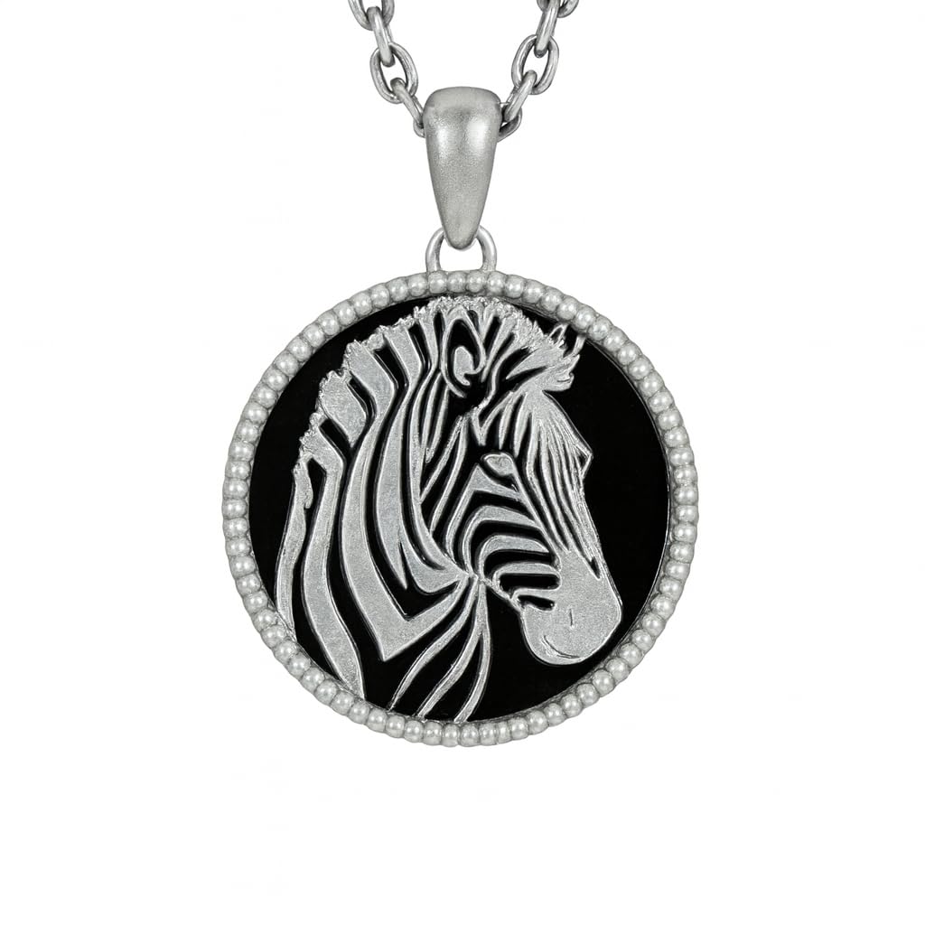 Wildlife Zebra Totem Necklace | 925 Sterling Silver Handcrafted Relief Medallion | Black-White Minimal Unisex Pendant | Double-Sided Design