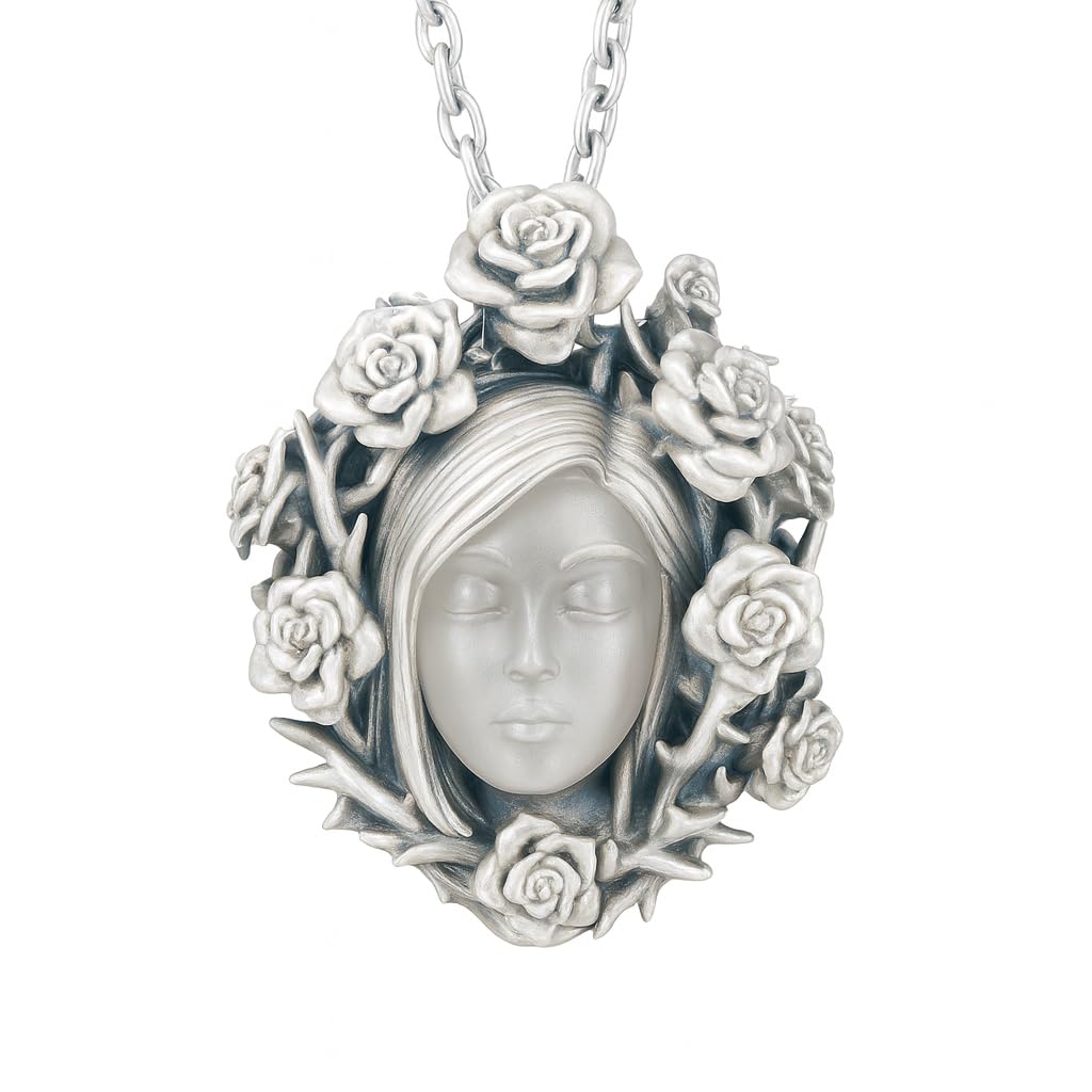 925 Sterling Silver Rose Wreath Pendant with White Crystal | Hand-Carved Cameo Necklace | Victorian Gothic Jewelry Gift