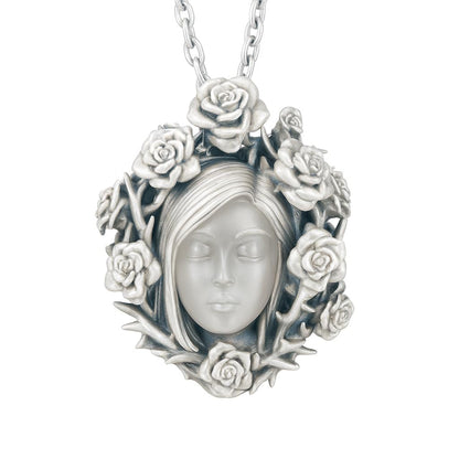 925 Sterling Silver Rose Wreath Pendant with White Crystal | Hand-Carved Cameo Necklace | Victorian Gothic Jewelry Gift