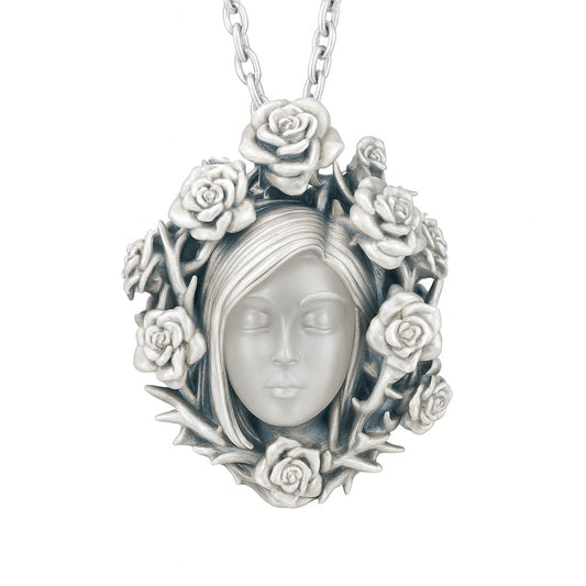 925 Sterling Silver Rose Wreath Pendant with White Crystal | Hand-Carved Cameo Necklace | Victorian Gothic Jewelry Gift