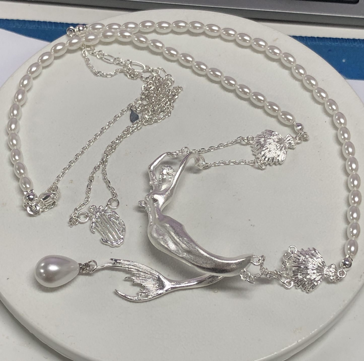 Fairy Mermaid Pendant Necklace | Pearl Shell Drop Jewelry | Fantasy Ocean Inspired Statement