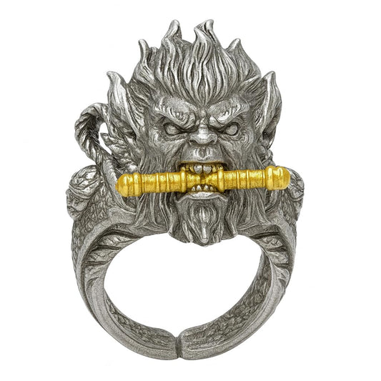 Monkey King Ring in 925 Sterling Silver | Handmade Mythic Jewelry with Gold Accents | Fantasy Artisan Gift for Him