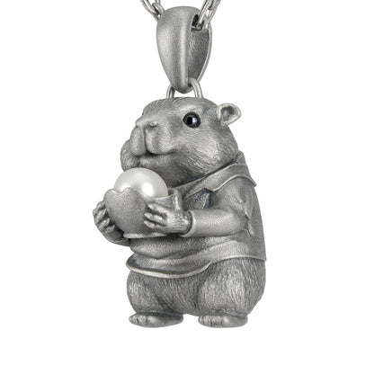 925 Sterling Silver Hamster Pendant with Freshwater Pearl | Handmade Animal Totem Necklace | Whimsical Fairy Tale Jewelry Gift