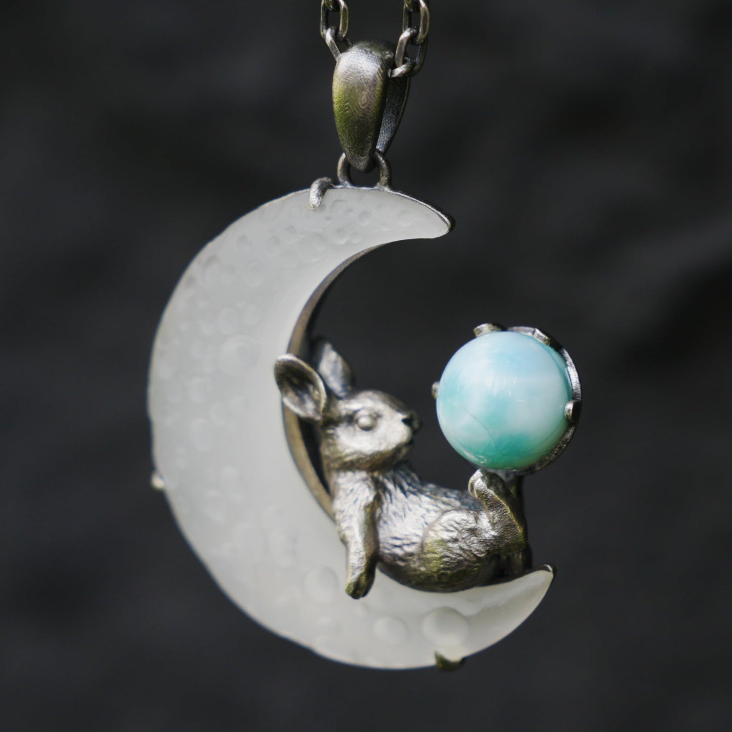 Rabbit Pendant with Larimar & White Quartz Moon | Handcrafted Fantasy Jewelry | Celestial Totem Gift for Serenity